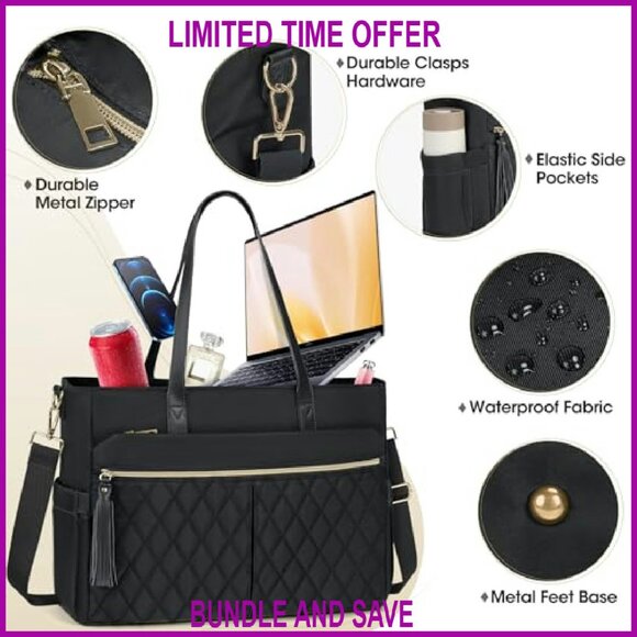 15.6 Inch Laptop Tote Bag with 14 Pockets Waterproof Oxford Fabric - Picture 6 of 7